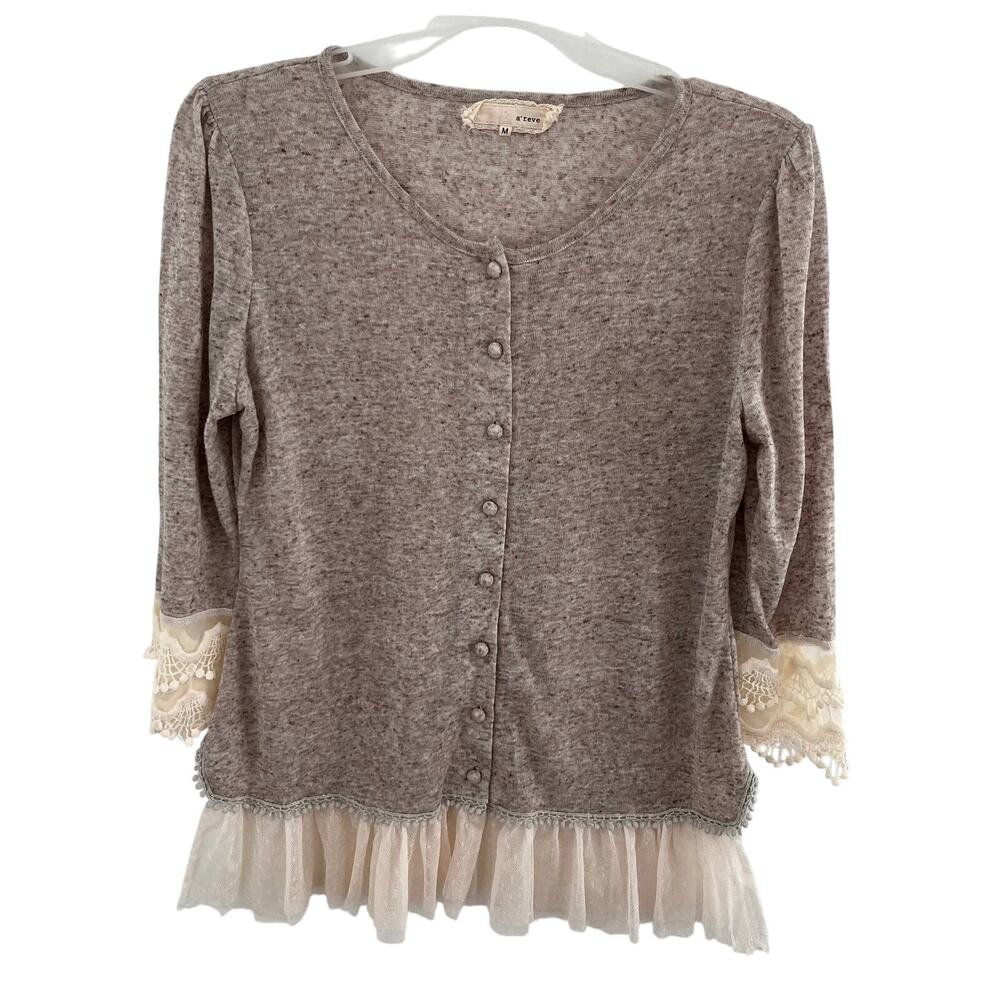 Areve Cardigan Womens Medium Beige Fairycore Cottagecore Sweater Romantic Linen